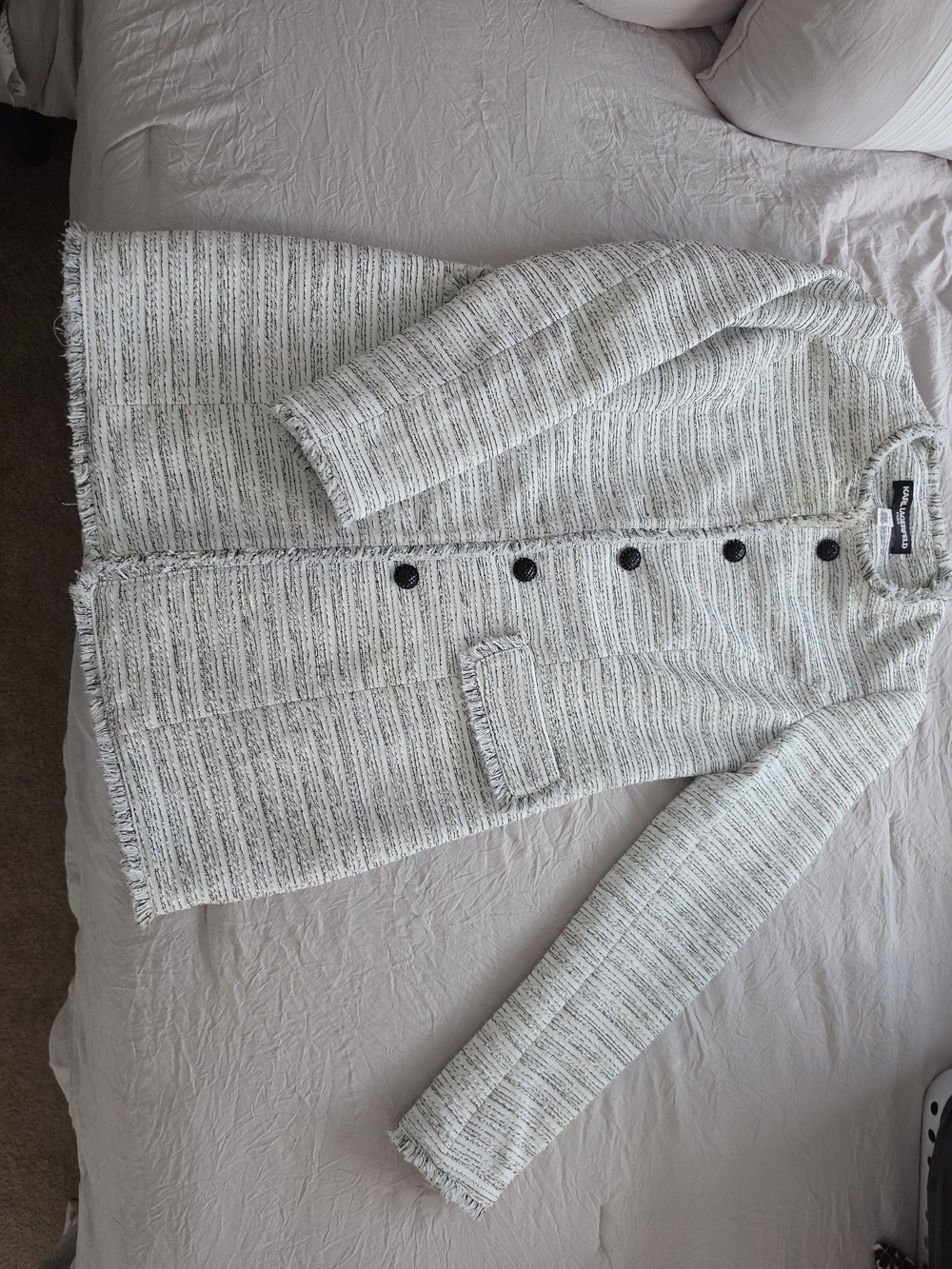 Karl Lagerfeld Cream Tweed Fringe Button-Front Jacket